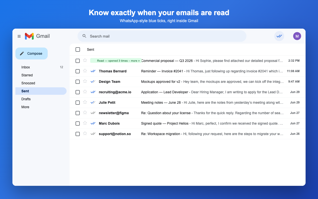 Gmail Sent list with WhatsApp-style blue tick read receipts