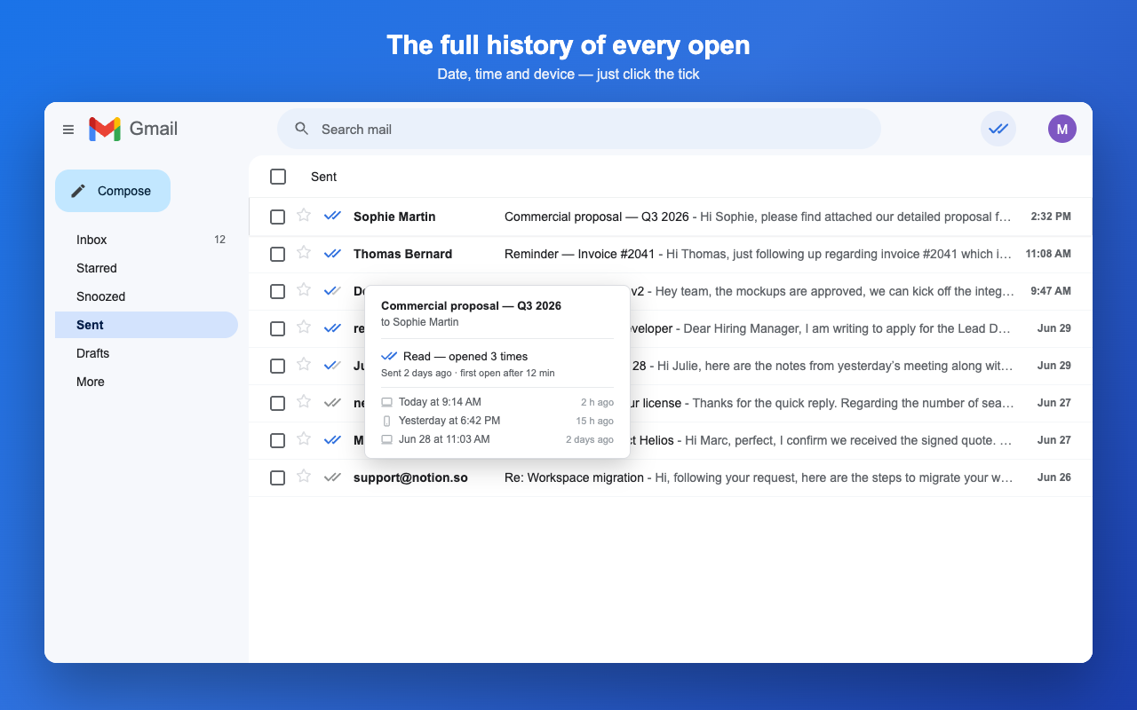 Hover tooltip showing the full open history — date, time and device